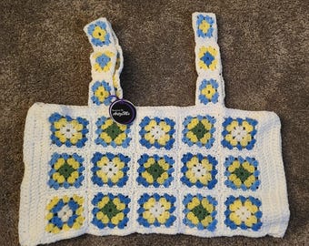 Crocheted Crop Top: Blue, White, Yellow Granny Square Design
