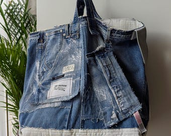 Upcycled Denim Patchwork Tote Bag, Distressed Crossbody Shopper, Weekender (21" x 24"), Beautiful ugly style
