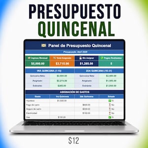 May include: A laptop screen shows a financial budget spreadsheet in Spanish, titled "PRESUPUESTO QUINCENAL". The display details income, expenses, and allocations for April 2026. The price is £9.50. The laptop is on a white surface.