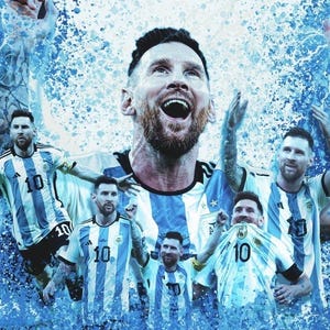May include: A digital art poster featuring multiple depictions of Lionel Messi in his blue and white Argentina soccer jersey. The background is a vibrant blue with lightning and water splash effects. The text LIONEL MESSI and the number 10 appear.