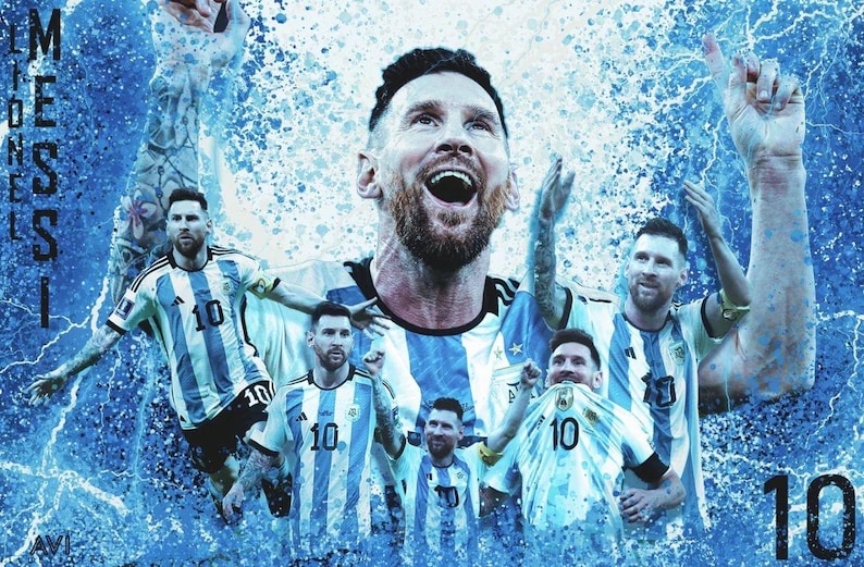 May include: A digital art poster featuring multiple depictions of Lionel Messi in his blue and white Argentina soccer jersey. The background is a vibrant blue with lightning and water splash effects. The text LIONEL MESSI and the number 10 appear.