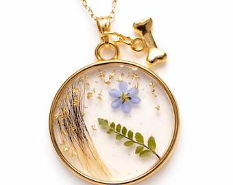 Personalized pet memorial jewelry for dogs, cats, horses, rabbits, hares, and guinea pigs, pendants with flowers