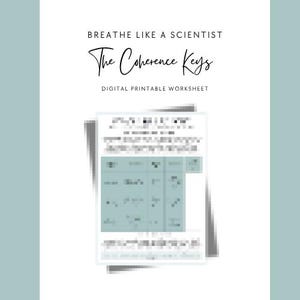 May include: A digital printable worksheet titled BREATHE LIKE A SCIENTIST The Coherence Keys. The document features a white background with a central table containing blurred text and data fields in a muted blue-green colour scheme.