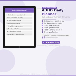 May include: Digital ADHD Daily Planner with a purple and white design. The planner includes sections for daily planning, time-blocking, and mood tracking. The text on the screen reads "Daily Planning Page" and "Shop on Etsy".