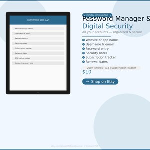 Puede incluir: Anuncio de descarga digital para un administrador de contraseñas. La imagen presenta una tableta que muestra un registro de contraseñas, con campos para el sitio web, el nombre de usuario y las notas de seguridad. El lado derecho enumera las características y un llamado a la acción para comprar en Etsy.
