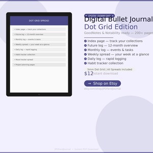 Op de afbeelding: Digital Bullet Journal Dot Grid Edition, een digitale download voor GoodNotes en Notability. Met indexpagina, toekomstig logboek, maandelijks logboek, wekelijkse spread, dagelijks logboek en gewoonte tracker. Bevat 200+ pagina's en 5 mm dot grid. Winkel op Etsy.