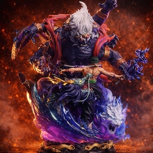 May include: A detailed figurine featuring a large, dark purple demon-like figure with multiple arms and a smaller character in a fighting stance. The base is adorned with a dragon design, and the color palette includes purple, blue, gold, and red.