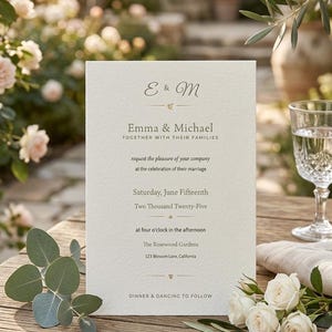 Può includere: Un invito di nozze color crema con testo grigio scuro con grazie che recita E & M, Emma & Michael, together with their families, request the pleasure of your company at the celebration of their marriage, Saturday, June Fifteenth, Two Thousand Twenty-Five, at four o'clock in the afternoon, The Rosewood Gardens, 123 Blossom Lane, California, dinner & dancing to follow.