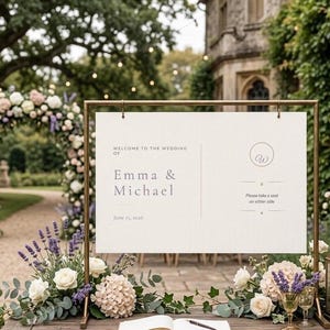 May include: A wedding sign with the names "Emma & Michael" and the date June 15, 2006, displayed on a white sign. The sign is held by a gold metal frame and surrounded by floral arrangements and a lit candle.