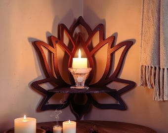 Lotus Candle Holder Wall Shelf Wooden Aromatherapy Decor Corner Display Stand