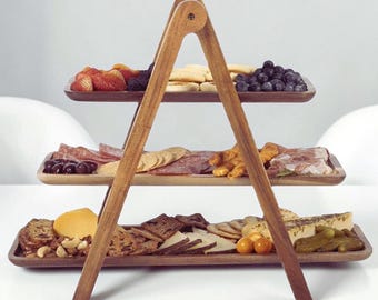 Juego de 2 bandejas de madera de 3 niveles para servir, estilo rústico, para exhibir postres y decorar fiestas en la cocina.