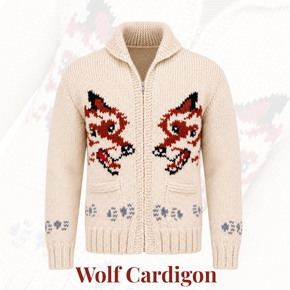 Chunky Fox Graphic Knit Cardigan, Oversized Nordic Wool Blend Sweater