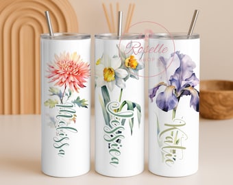 Birth Flower Tumbler Personalized, Custom Name Cup, Birthday Gift for Her, Christmas or Mothers Day