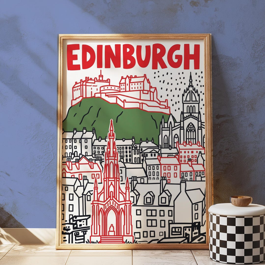 Edinburgh Castle Travel Poster, Hand Drawn Scottish Cityscape Art Print ...