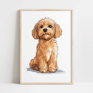 May include: A framed print featuring a cartoon illustration of a small, fluffy, light brown dog. The dog is sitting upright with its front paws together. The artwork has a simple, clean style with a white background and a light wooden frame.