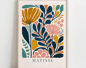 Von Matisse inspirierter botanischer Druck: Abstrakte Blumen Wandkunst, moderne skandinavische Farbpalette