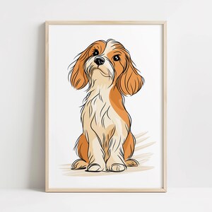 Könnte beinhalten: Gerahmter Kunstdruck mit einer stilisierten Illustration eines Cavalier King Charles Spaniel. Der Hund ist in Braun-, Weiß- und Beigetönen dargestellt, mit einem hellbraunen Holzrahmen. Der Hund sitzt aufrecht und blickt nach oben.