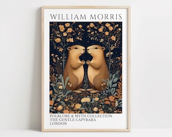 William Morris Style Capybara Art Print, Botanical Vintage Animal Decor