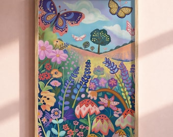 Whimsical Butterfly Meadow Art Print, Colorful Wildflower Landscape