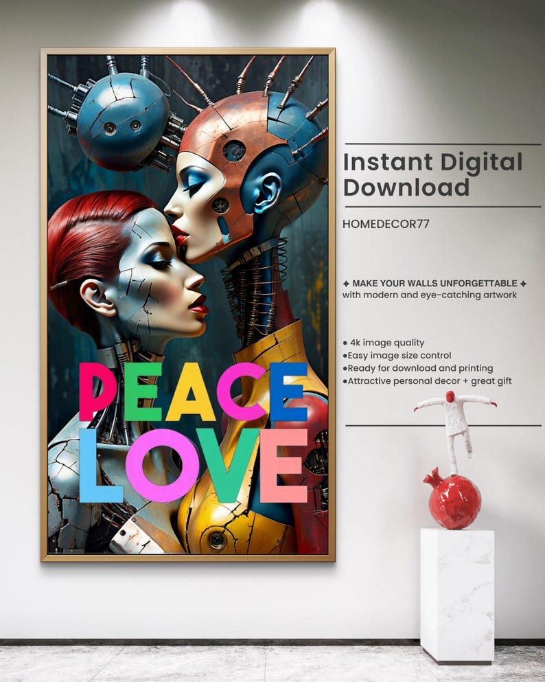 Cyberpunk Robot Couple Art, Futuristic Neon Poster, AI Digital Download ...