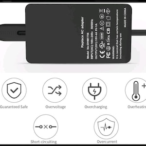 May include: A black rectangular AC power adapter with a cord extending from both sides. The label displays technical specifications including Model No: DHM1706, 100V-240V input, and 15V-4A 5V-1A output. Below are six circular icons for safety features.