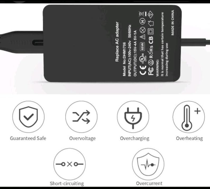 May include: A black rectangular AC power adapter with a cord extending from both sides. The label displays technical specifications including Model No: DHM1706, 100V-240V input, and 15V-4A 5V-1A output. Below are six circular icons for safety features.
