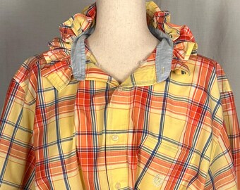 Upcycled Orange / Blau karierter Rüschen Kragen Button Down - Jessie Größe L / XL