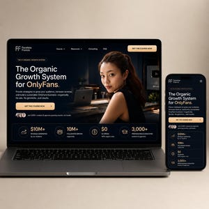 Könnte beinhalten: Ein Laptop und ein Smartphone zeigen dieselbe Website-Oberfläche. Die Website wirbt für "The Organic Growth System for OnlyFans". Der Laptop-Bildschirm zeigt eine Frau und die Details der Website. Das Smartphone zeigt dieselben Informationen im Hochformat.