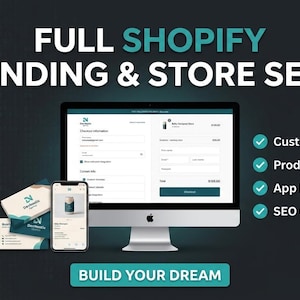 Può includere: Immagine promozionale per i servizi di configurazione del negozio Shopify. L'immagine presenta un monitor del computer e uno smartphone che mostra un'interfaccia del sito Web, insieme a biglietti da visita. Il testo include "FULL SHOPIFY BRANDING & STORE SETUP" e "BUILD YOUR DREAM."