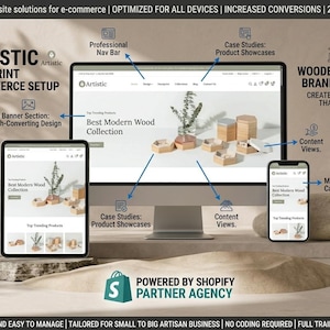 May include: An e-commerce website design concept showcasing a desktop computer, tablet, and smartphone displaying a website with wooden craft products. The image highlights features like a professional navigation bar, product showcases, and mobile optimization.