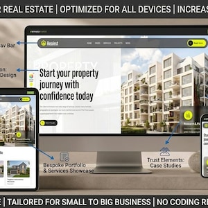 May include: A digital mockup showcasing custom website solutions for real estate. The image displays a desktop computer, tablet, and smartphone, each featuring a website interface with the text "Start your property journey with confidence today."
