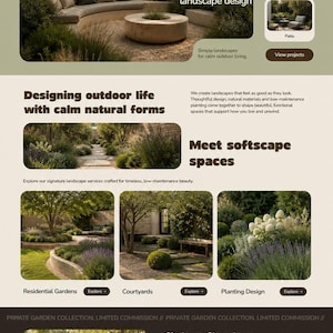 May include: A website design for Softscape Studio, showcasing landscape design services. The page features images of outdoor spaces, including courtyards, patios, and gardens. Text includes "Designing outdoor life with calm natural forms" and "Sit down. Slow down. Breathe now."