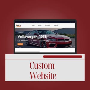 May include: A laptop displays a website showcasing a red Volkswagen 1938 car. The website's header includes the company name "PACE". Below the laptop is a banner with the text "Custom Website" in a serif font, set against a light gray background.