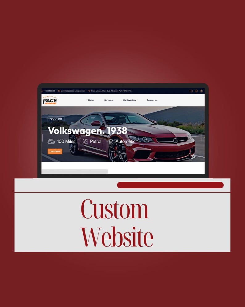 May include: A laptop displays a website showcasing a red Volkswagen 1938 car. The website's header includes the company name "PACE". Below the laptop is a banner with the text "Custom Website" in a serif font, set against a light gray background.