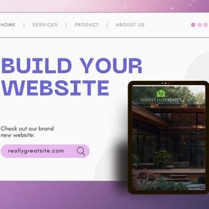 K&ouml;nnte beinhalten: Werbung f&uuml;r Website-Design mit dem Text "BUILD YOUR WEBSITE" in Lila. Ein Tablet zeigt ein Website-Design f&uuml;r "SYDNEY LUXESCAPES". Die Website-Adresse "reallygreatsite.com" wird ebenfalls angezeigt.