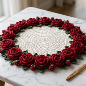 Crochet Rose Bouquet Mandala Pattern | 3D Red Roses Border Tutorial (PDF Download)