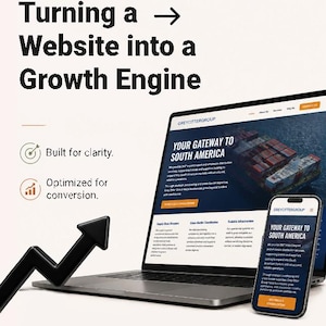 Op de afbeelding: Een laptop en smartphone tonen een website met de tekst "YOUR GATEWAY TO SOUTH AMERICA." Het laptopscherm toont een container schip grafiek. De afbeelding bevat de tekst "Turning a Website into a Growth Engine."