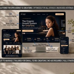 Könnte beinhalten: Eine digitale Marketingpräsentation, die ein Website-Design auf einem Desktop-Computer, Tablet und Smartphone zeigt. Die Website bewirbt ein organisches Wachstumssystem für OnlyFans, mit Text wie "Custom Website Solutions".