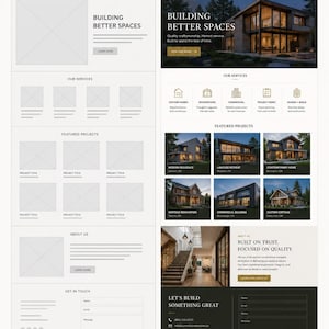 May include: A website design comparison showing a 'before' and 'after' layout. The 'before' version is a wireframe, while the 'after' version showcases a modern design with images and text. The website is for a construction company.