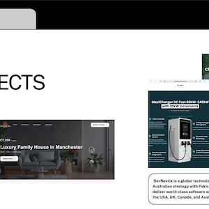 Op de afbeelding: Een webpagina getiteld "Onze projecten" toont screenshots van websites. E&eacute;n toont een luxe familiehuis in Manchester, en een andere toont een elektrische voertuiglader met de tekst "MaxiCharger DC Fast 60kW-240kW". Een derde afbeelding promoot "Charging Up Your Parking Revenue".