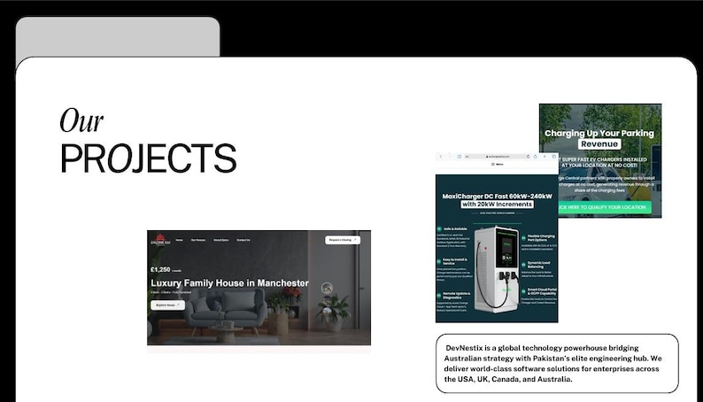 Op de afbeelding: Een webpagina getiteld "Onze projecten" toont screenshots van websites. E&eacute;n toont een luxe familiehuis in Manchester, en een andere toont een elektrische voertuiglader met de tekst "MaxiCharger DC Fast 60kW-240kW". Een derde afbeelding promoot "Charging Up Your Parking Revenue".