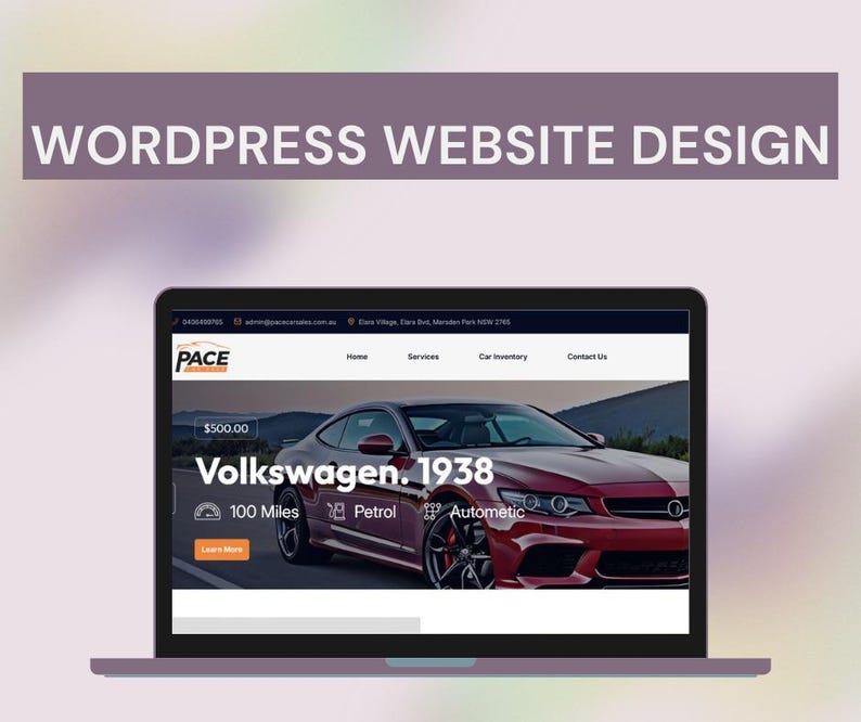 K&ouml;nnte beinhalten: Ein Laptop, der ein Website-Design mit dem Text "WORDPRESS WEBSITE DESIGN" anzeigt. Die Website zeigt ein rotes Volkswagen-Auto. Die Website zeigt auch den Text "Volkswagen. 1938", "100 Miles", "Petrol" und "Automatic".