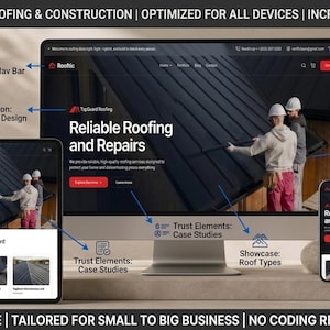 Puede incluir: Imagen promocional de soluciones web para techado y construcción. Muestra una computadora de escritorio, una tableta y un teléfono inteligente, todos mostrando un sitio web con el texto "Reliable Roofing and Repairs".