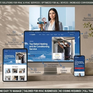 Peut inclure: Publicité pour des solutions de sites web de chauffage, ventilation et climatisation. L'image présente un ordinateur de bureau, une tablette et un smartphone affichant une interface de site web. Le site web a un design bleu et blanc.