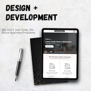 May include: A digital tablet displays a real estate website with the text "Luxury Family House in Manchester." A pen, a black notebook, and the text "DESIGN + DEVELOPMENT" are also visible in the image.