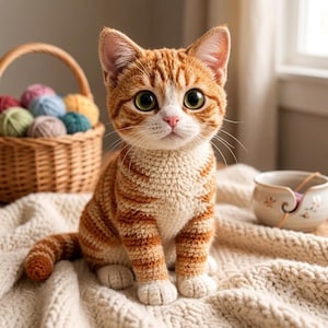 Puede incluir: Una figura de gato atigrado naranja de ganchillo con patas y pecho blancos, que presenta grandes ojos verdes y una nariz rosa. El gato está sentado sobre una manta de punto color crema texturizada, cerca de una cesta llena de ovillos.