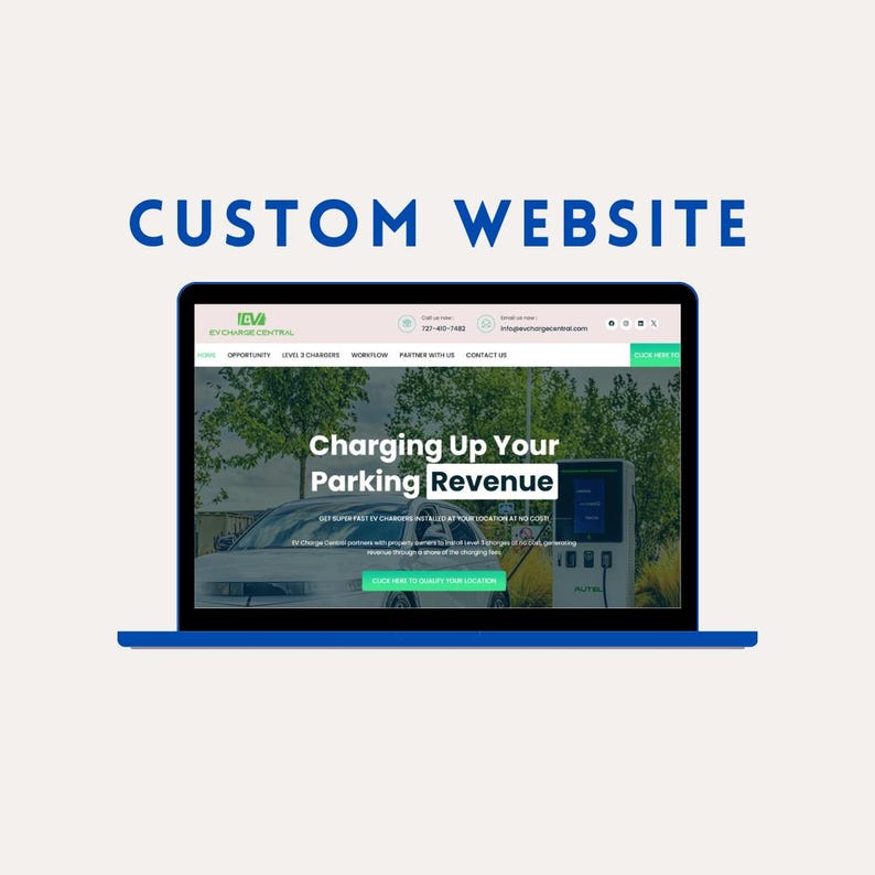 K&ouml;nnte beinhalten: Ein blauer Laptop zeigt eine Website mit dem Text "CUSTOM WEBSITE" oben. Die Website auf dem Bildschirm wirbt mit "Charging Up Your Parking Revenue" mit einem Bild einer EV-Ladestation.