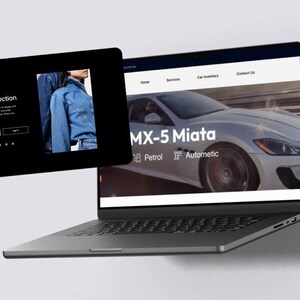 Op de afbeelding: Een laptop toont een autowebsite met de tekst "MX-5 Miata". Een kleiner scherm toont een "Nieuwe collectie" pagina met spijkergoed. Een paars label leest "Charlotte M".