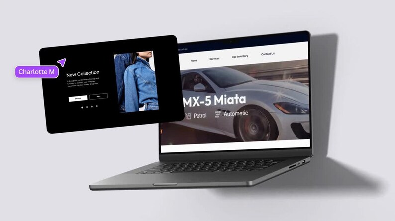 Op de afbeelding: Een laptop toont een autowebsite met de tekst "MX-5 Miata". Een kleiner scherm toont een "Nieuwe collectie" pagina met spijkergoed. Een paars label leest "Charlotte M".