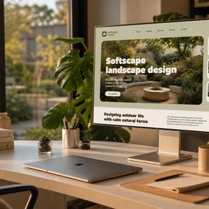 May include: A modern desk setup with a computer monitor displaying a website for softscape landscape design. The desk also features a closed laptop, a coffee mug, a notepad, and potted plants. The text on the screen reads "Softscape landscape design".